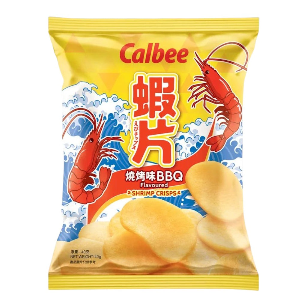 Twinkle Glory Calbee BBQ flavoured shrimp crisps in a 40g yellow snack bag with prawn and wave illustrations