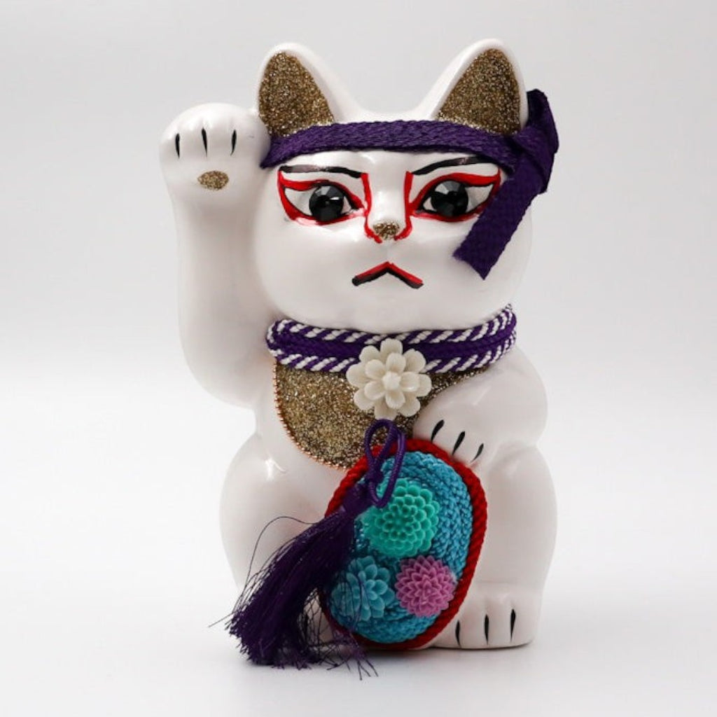 Twinkle Glory Goenneko ceramic lucky cat figurine featuring traditional Japanese Kabuki makeup and purple accents
