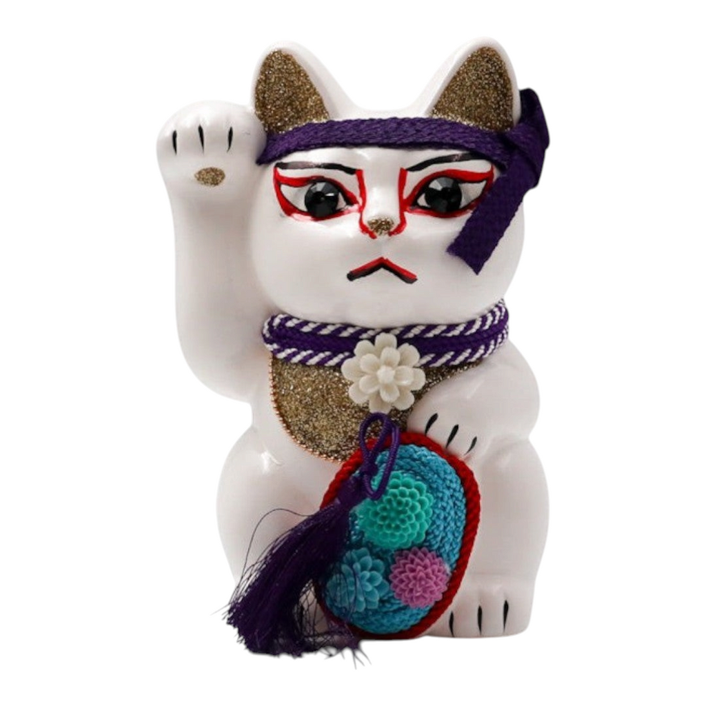 Twinkle Glory Goenneko ceramic lucky cat figurine featuring traditional Japanese Kabuki makeup and purple accents