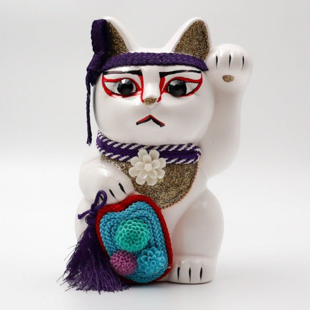 Twinkle Glory Goenneko ceramic lucky cat figurine featuring traditional Japanese Kabuki makeup and purple accents