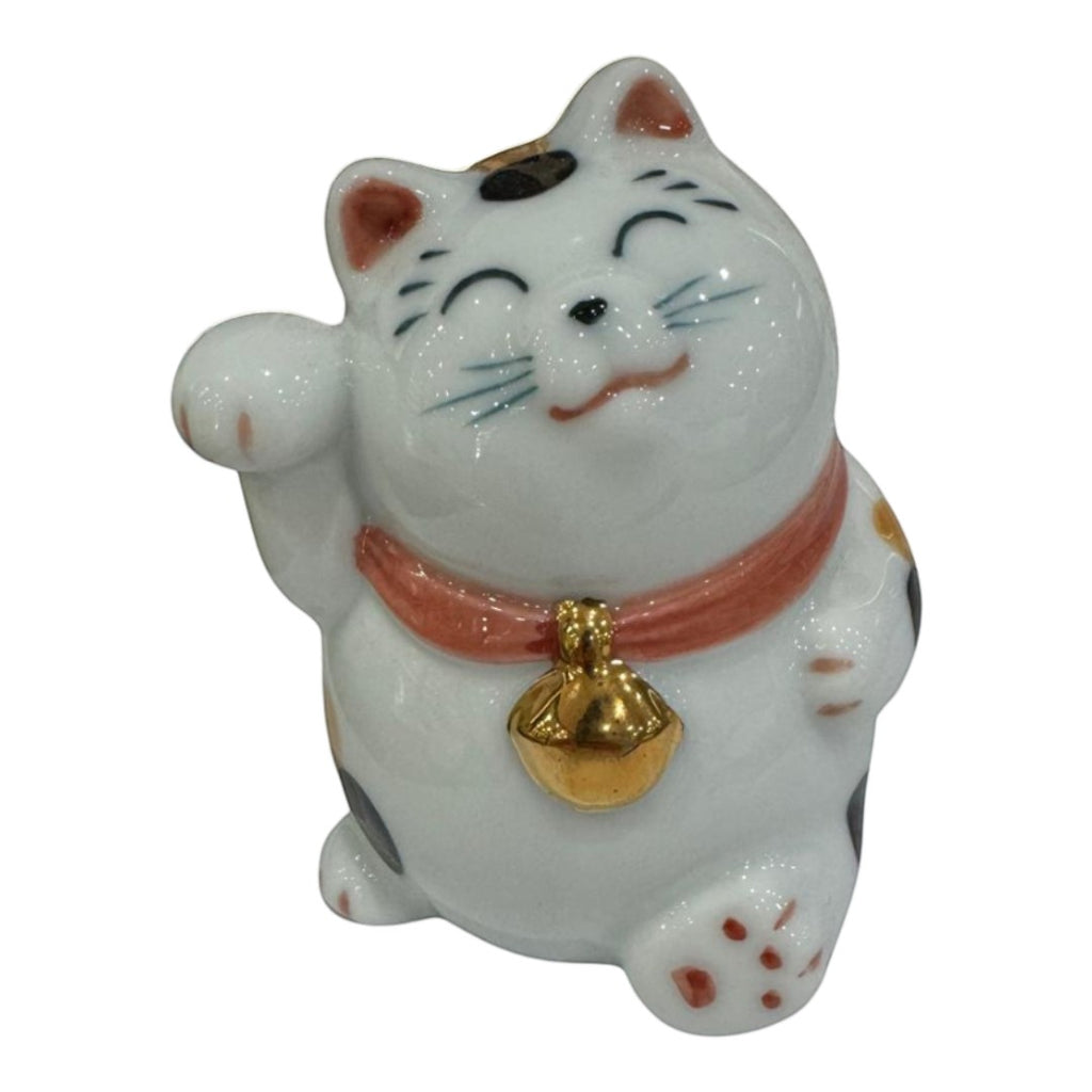Twinkle Glory ceramic Maneki Neko lucky cat figurine with a red collar and gold bell, featuring a waving paw.
