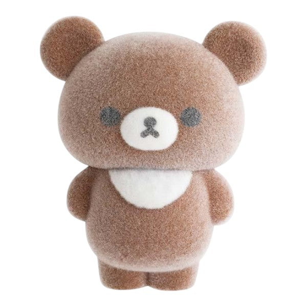 Twinkle Glory San-X Chairoikoguma flocked figure with a soft brown velvety texture and white chest patch