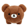 Twinkle Glory San-X Chairoikoguma brown plush toy in a laying down pose with soft polyester fur and embroidered face
