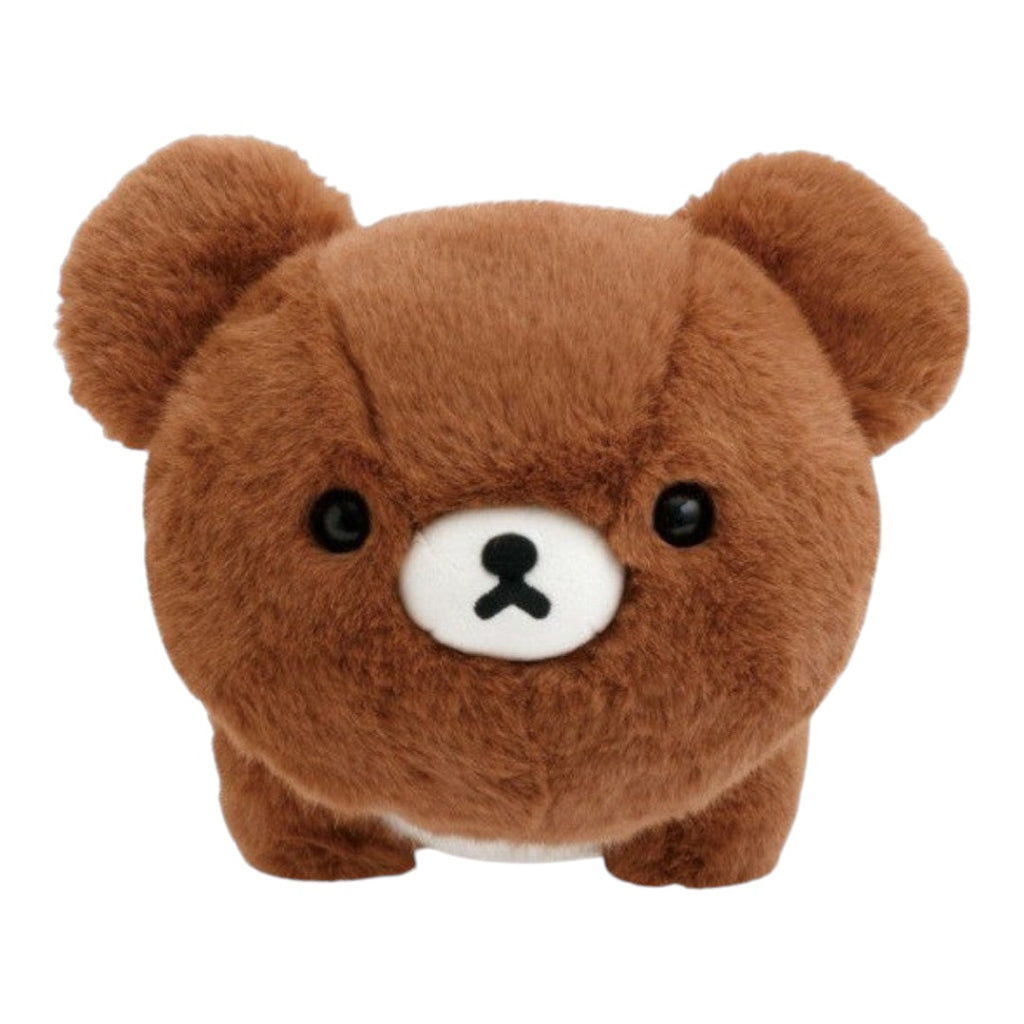 Twinkle Glory San-X Chairoikoguma brown plush toy in a laying down pose with soft polyester fur and embroidered face