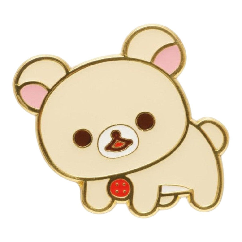 Twinkle Glory San-X Rilakkuma Chairoikoguma metal pin badge featuring a cream bear character with a red button detail