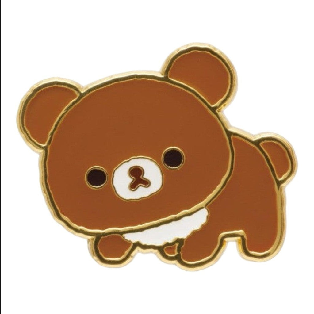 Twinkle Glory San-X Rilakkuma Chairoikoguma metal pin badge with brown enamel and gold-tone trim