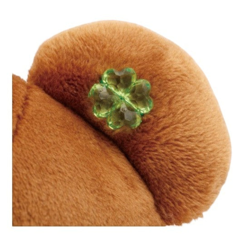 Twinkle Glory San-X Chairoikoguma plush detail showing soft brown polyester fur and a green clover charm