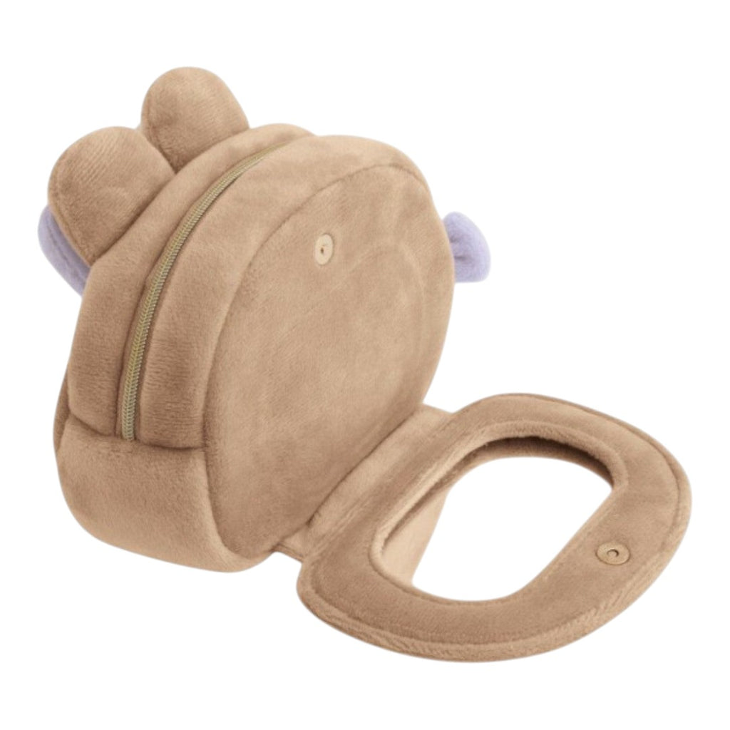 Twinkle Glory San-X Chairoikoguma plush pouch with built-in mirror. Soft brown polyester material with purple accents.