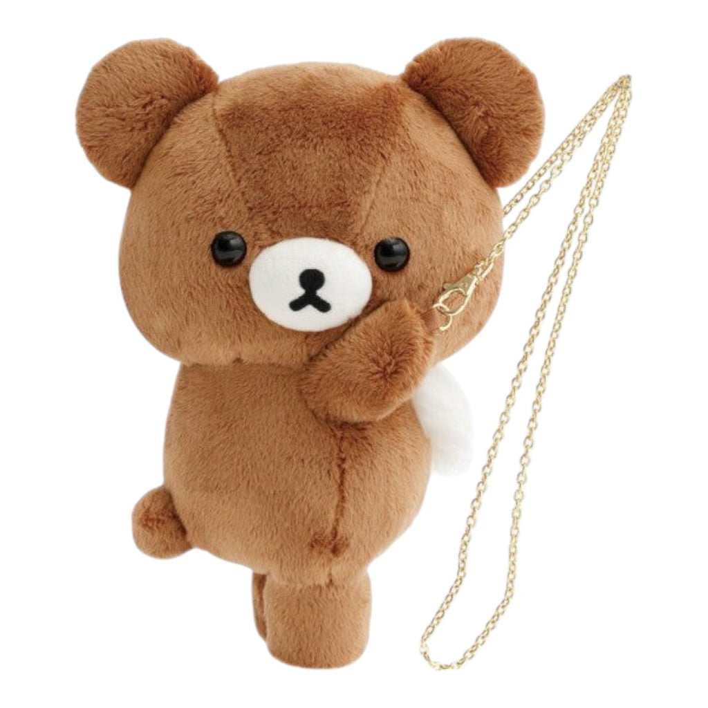 Twinkle Glory San-X Chairoikoguma plush pochette featuring a soft brown bear cub with a gold chain shoulder strap