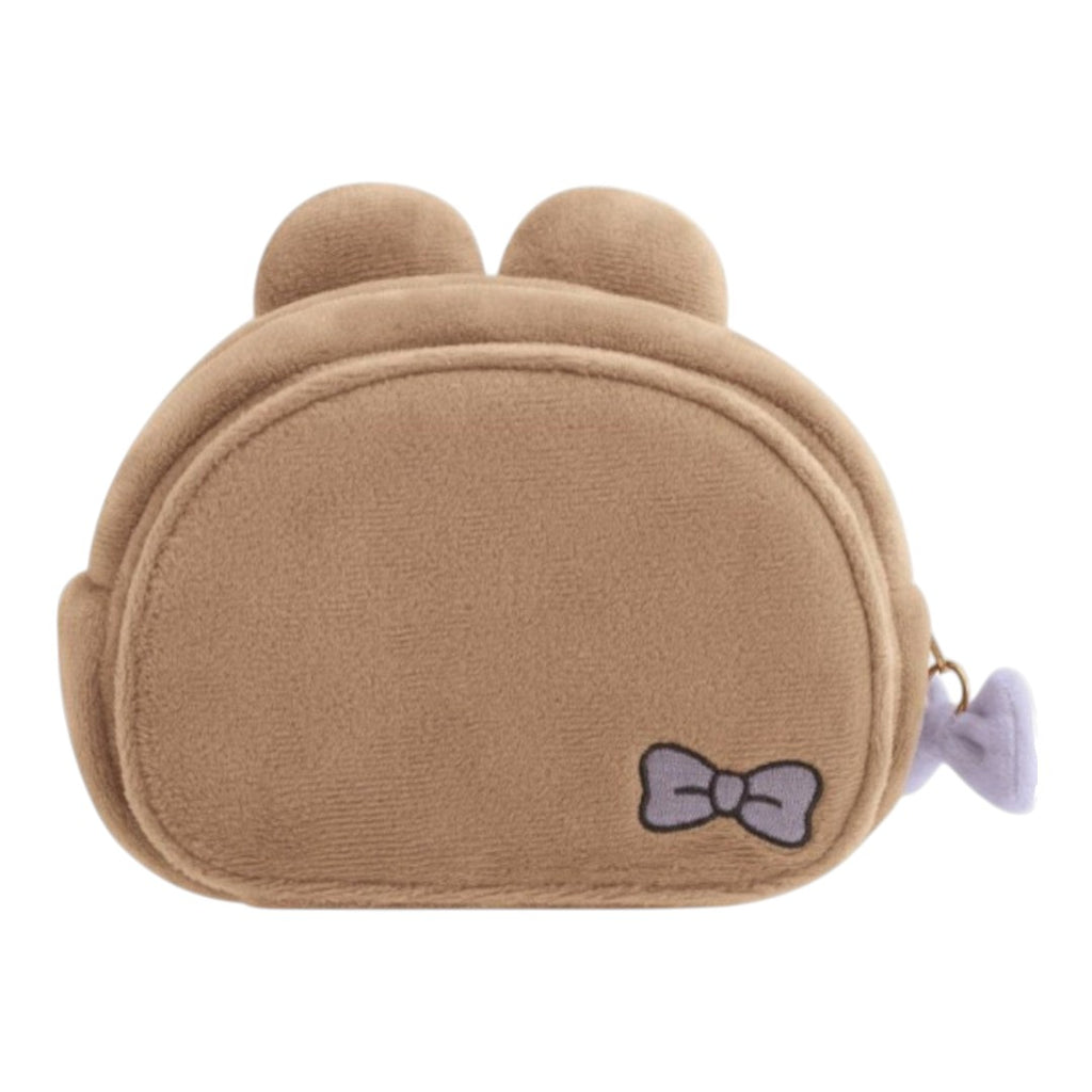 Twinkle Glory San-X Chairoikoguma plush pouch with built-in mirror and purple bow detail. Soft brown polyester.