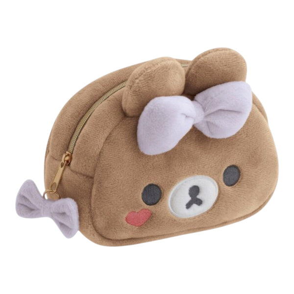Twinkle Glory San-X Chairoikoguma plush pouch with a built-in mirror and white bow detail. Soft brown polyester.