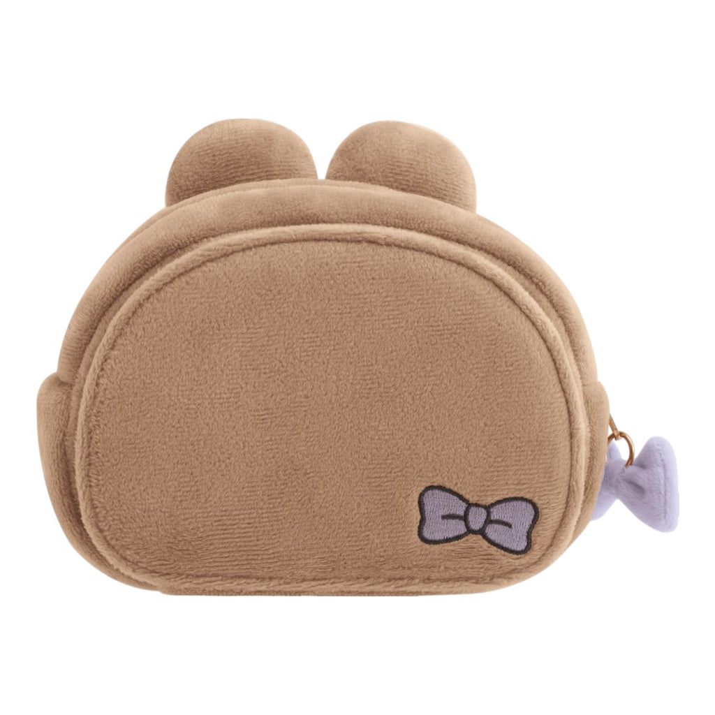 Twinkle Glory San-X Chairoikoguma brown plush pouch with a small embroidered bow and built-in mirror