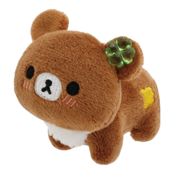 Twinkle Glory San-X Rilakkuma Chairoikoguma palm-sized plush with a green clover accessory and soft brown fur