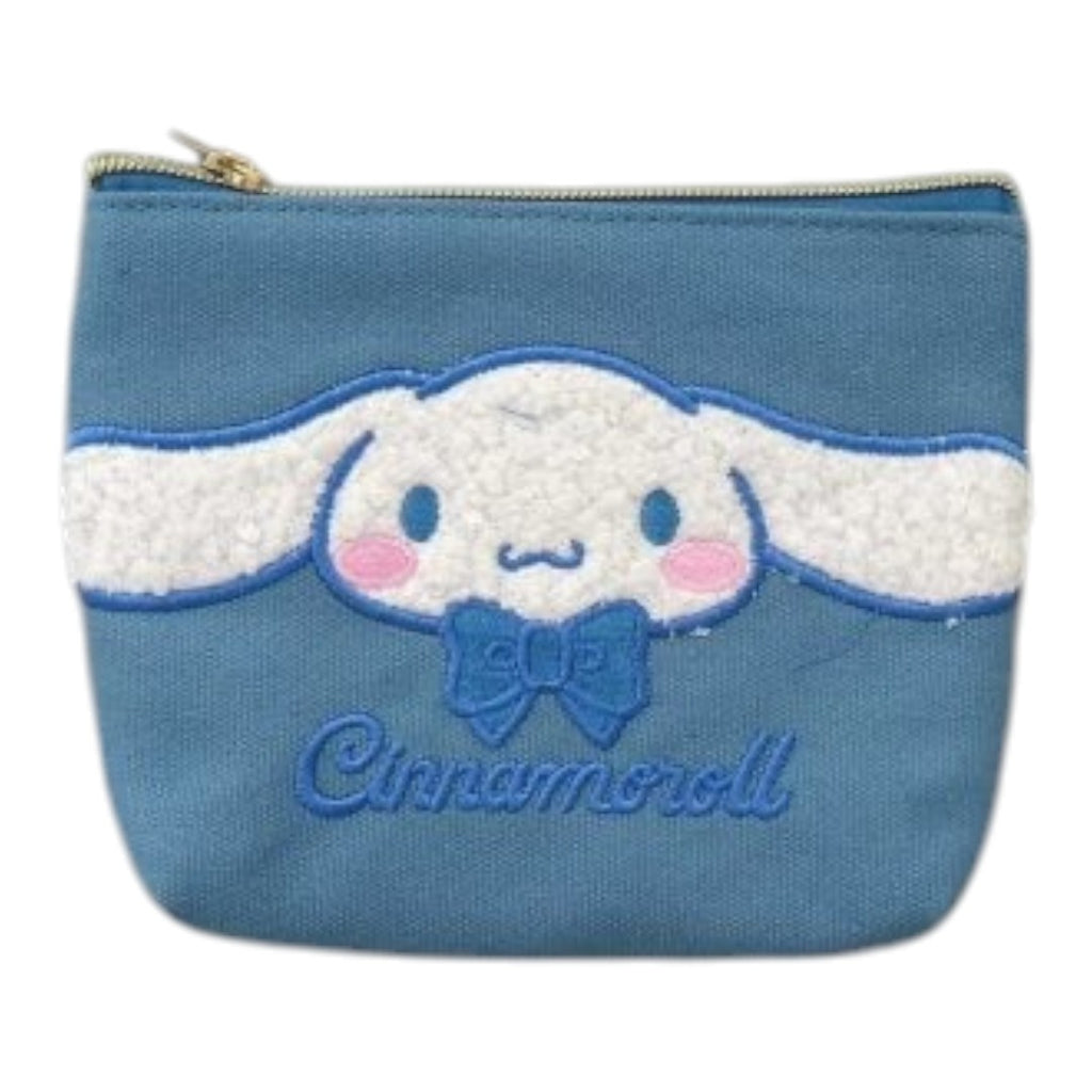 Twinkle Glory blue canvas multipouch with 3D applique embroidery of Cinnamoroll character, featuring fluffy ears and blue bow.