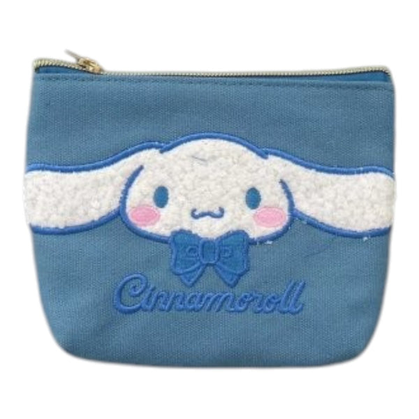 Twinkle Glory blue canvas multipouch with 3D applique embroidery of Cinnamoroll character, featuring fluffy ears and blue bow.