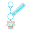 Twinkle Glory Sanrio Cinnamoroll flocked resin mascot keychain with a blue silicone strap on a white background