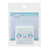 Twinkle Glory Cinnamoroll fluffy white square hair clip with embroidered character face in clear packaging