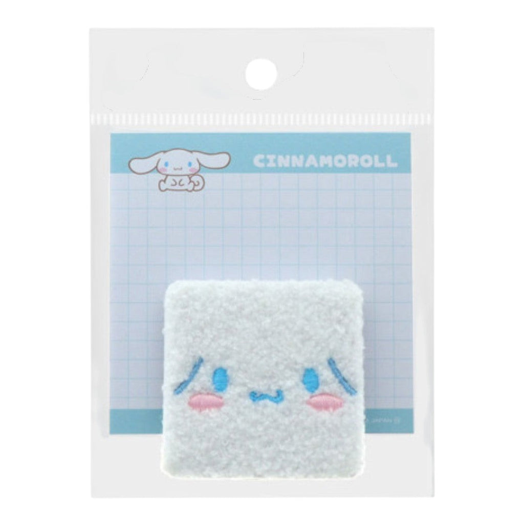 Twinkle Glory Cinnamoroll fluffy white square hair clip with embroidered character face in clear packaging