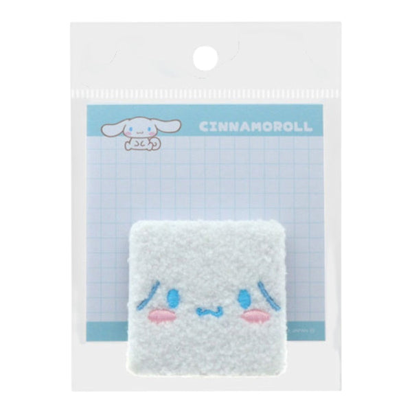 Twinkle Glory Cinnamoroll fluffy white square hair clip with embroidered character face in clear packaging