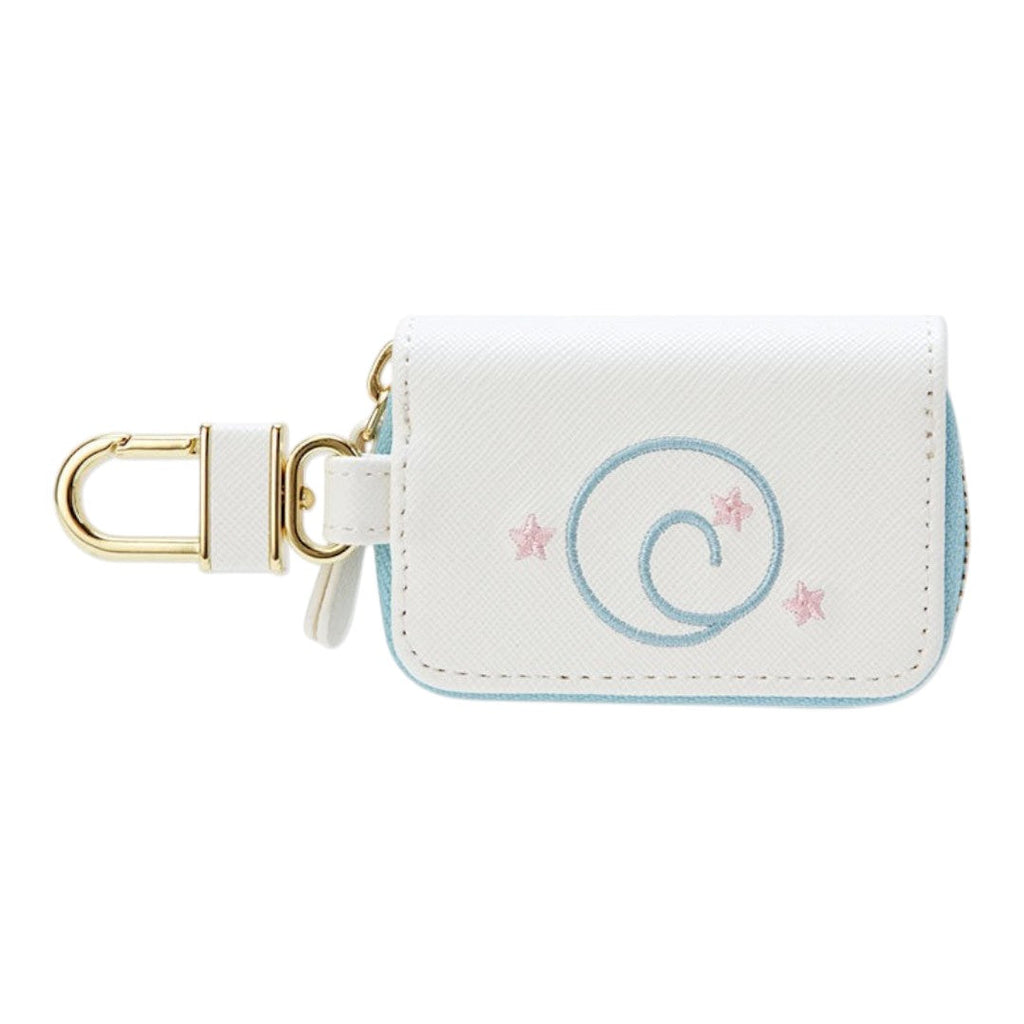 Twinkle Glory Sanrio Cinnamoroll white PU leather key case with blue trim, gold buckle, and embroidered star details.