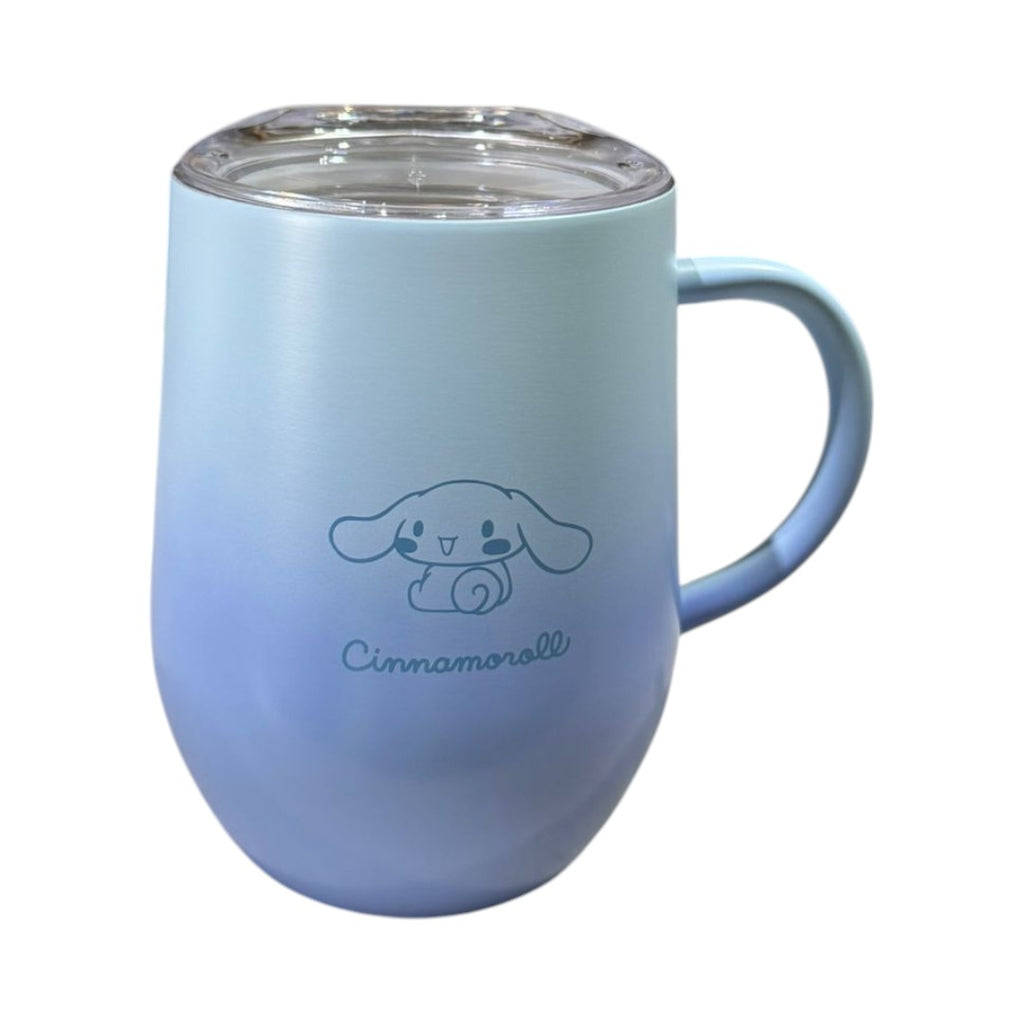 Twinkle Glory Sanrio Cinnamoroll stainless steel mug with lid, blue gradient, 320ml capacity, ideal for hot or cold drinks.