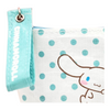 Twinkle Glory Cinnamoroll polyethylene pouch featuring a white and blue polka dot pattern and a branded zipper pull.