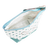 Twinkle Glory Cinnamoroll polyethylene pouch with white and teal polka dot pattern and blue zipper closure