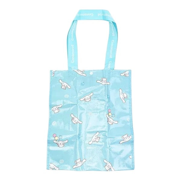 Twinkle Glory light blue polyester reusable bag featuring a repeating Cinnamoroll character print and logo straps.