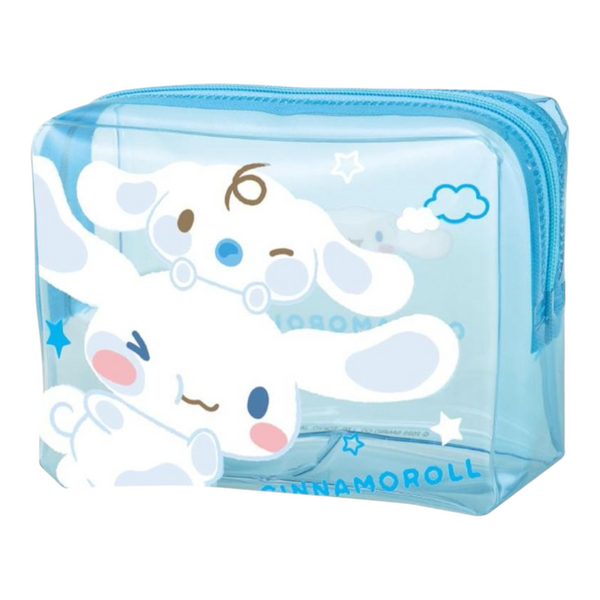 Twinkle Glory Cinnamoroll travel toiletry bag in translucent blue PVC with cute character artwork and zipper closure