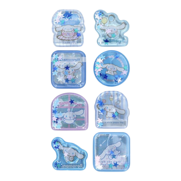 Twinkle Glory Sanrio Cinnamoroll water decal sticker sheet featuring blue PVC designs with star-shaped glitter accents