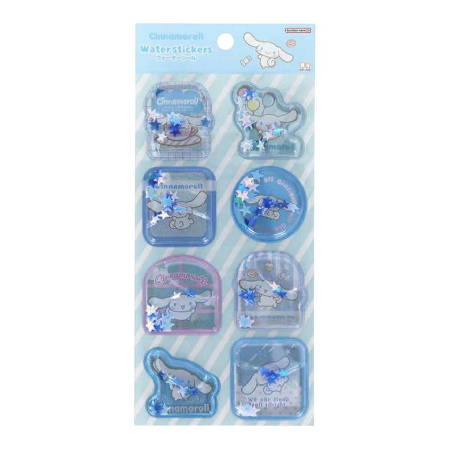 Twinkle Glory Sanrio Cinnamoroll water decal sticker sheet with blue star-shaped glitter accents on a striped card