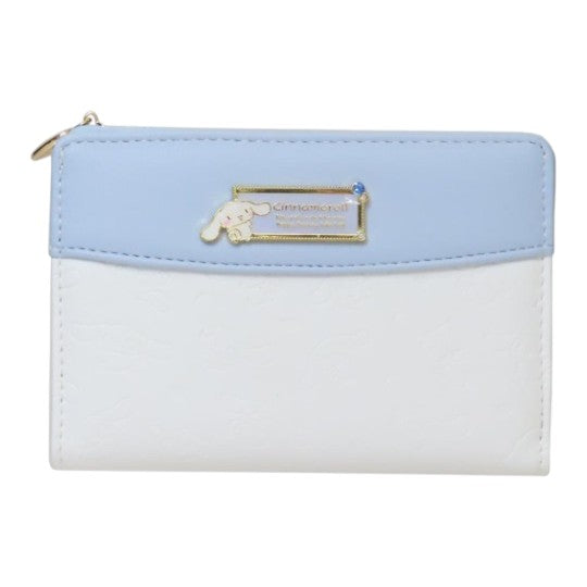 Twinkle Glory Sanrio Cinnamoroll zipper wallet in pastel blue and white with embossed character pattern