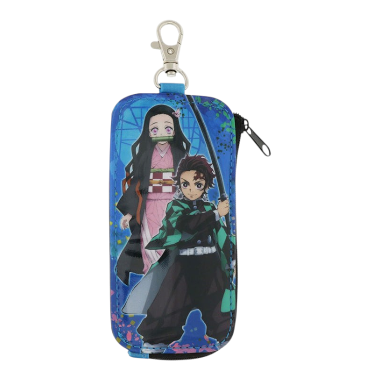 Twinkle Glory Demon Slayer key case featuring Tanjiro and Nezuko, made of blue PVC polyester with a secure zipper.