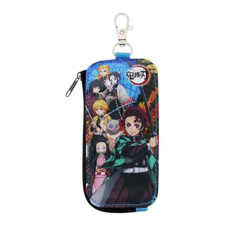 Twinkle Glory Demon Slayer PVC polyester key case with retractable reel and zipper closure featuring anime characters
