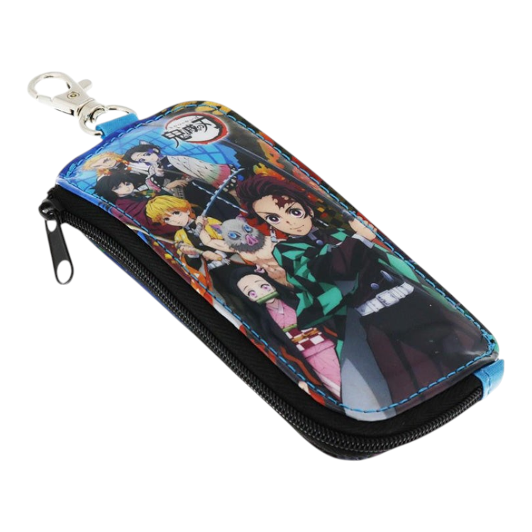 Twinkle Glory Demon Slayer key case with retractable reel, featuring character graphics on PVC and polyester fabric.