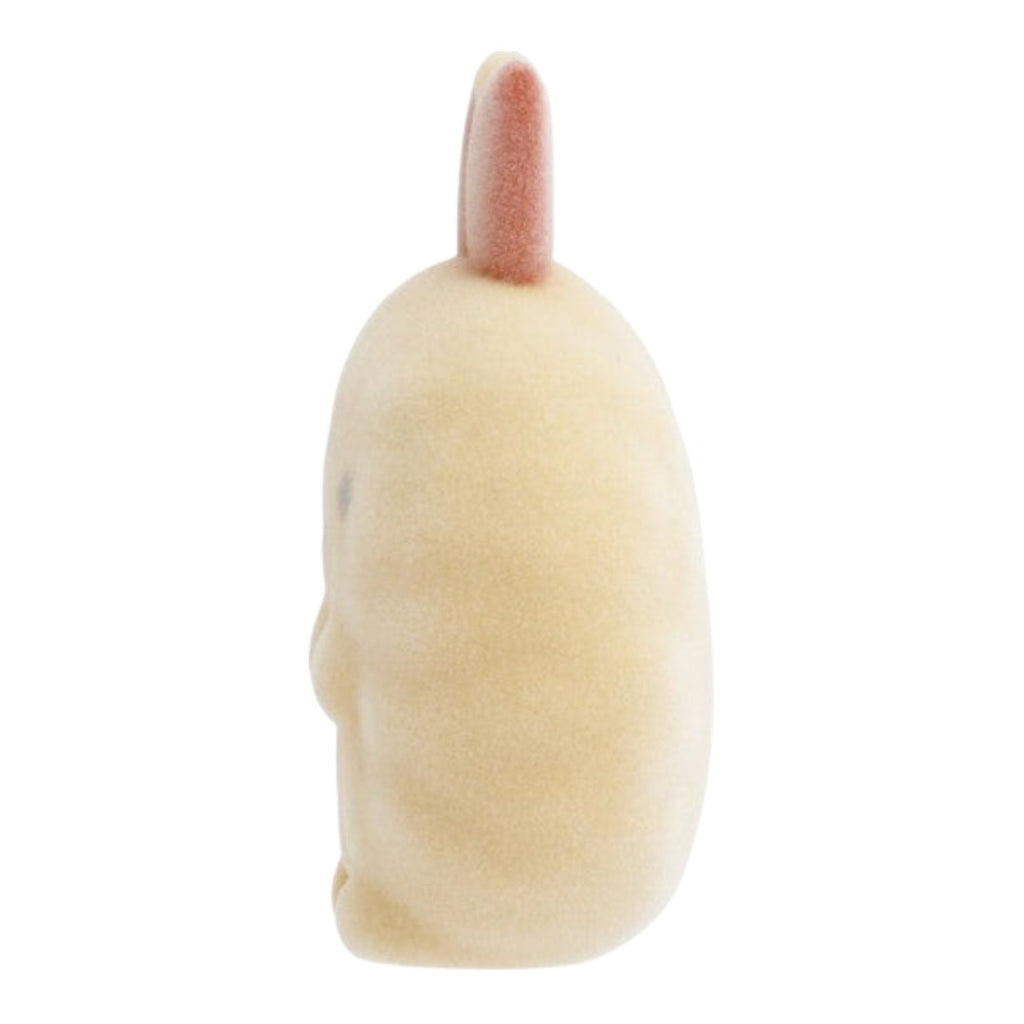 Twinkle Glory San-X Sumikko Gurashi Ebifurai no Shippo flocked keychain in a side profile view with a velvety texture.