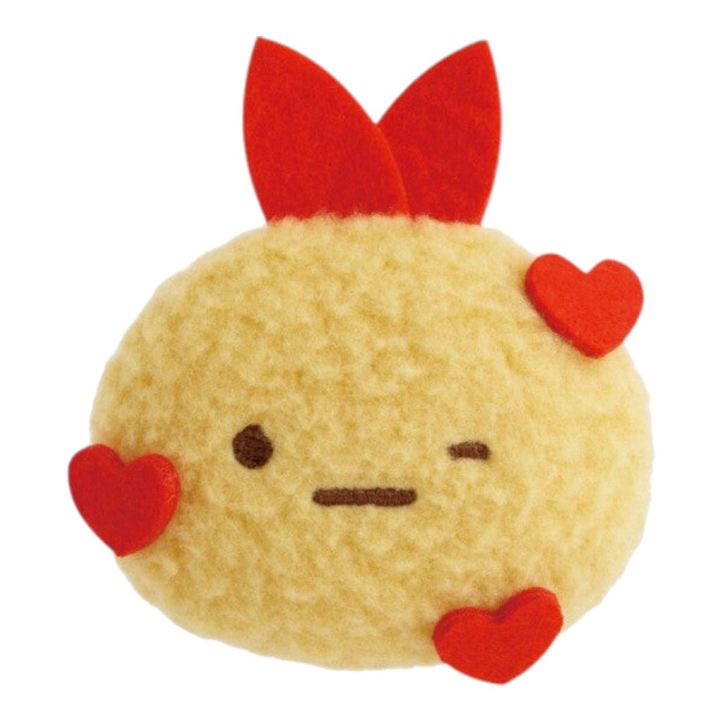 Twinkle Glory San-X Sumikko Gurashi Ebifurai no Shippo plush badge with a winking face and red heart accents.