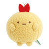 Twinkle Glory San-X Sumikko Gurashi Ebifurai no Shippo round plush keychain with a red bow and soft yellow texture