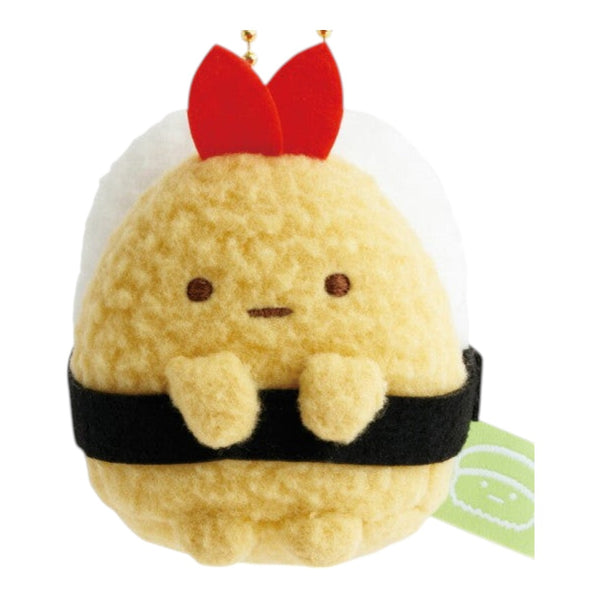 Twinkle Glory San-X Sumikko Gurashi Ebifurai no Shippo plush keychain shaped like a fried shrimp sushi gunkan