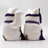 Twinkle Glory Goenneko ceramic lucky cat figurines in white with purple Kabuki-style headbands and tassels