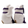 Twinkle Glory Goenneko ceramic lucky cat figurines in white with purple Kabuki-style headbands and tassels