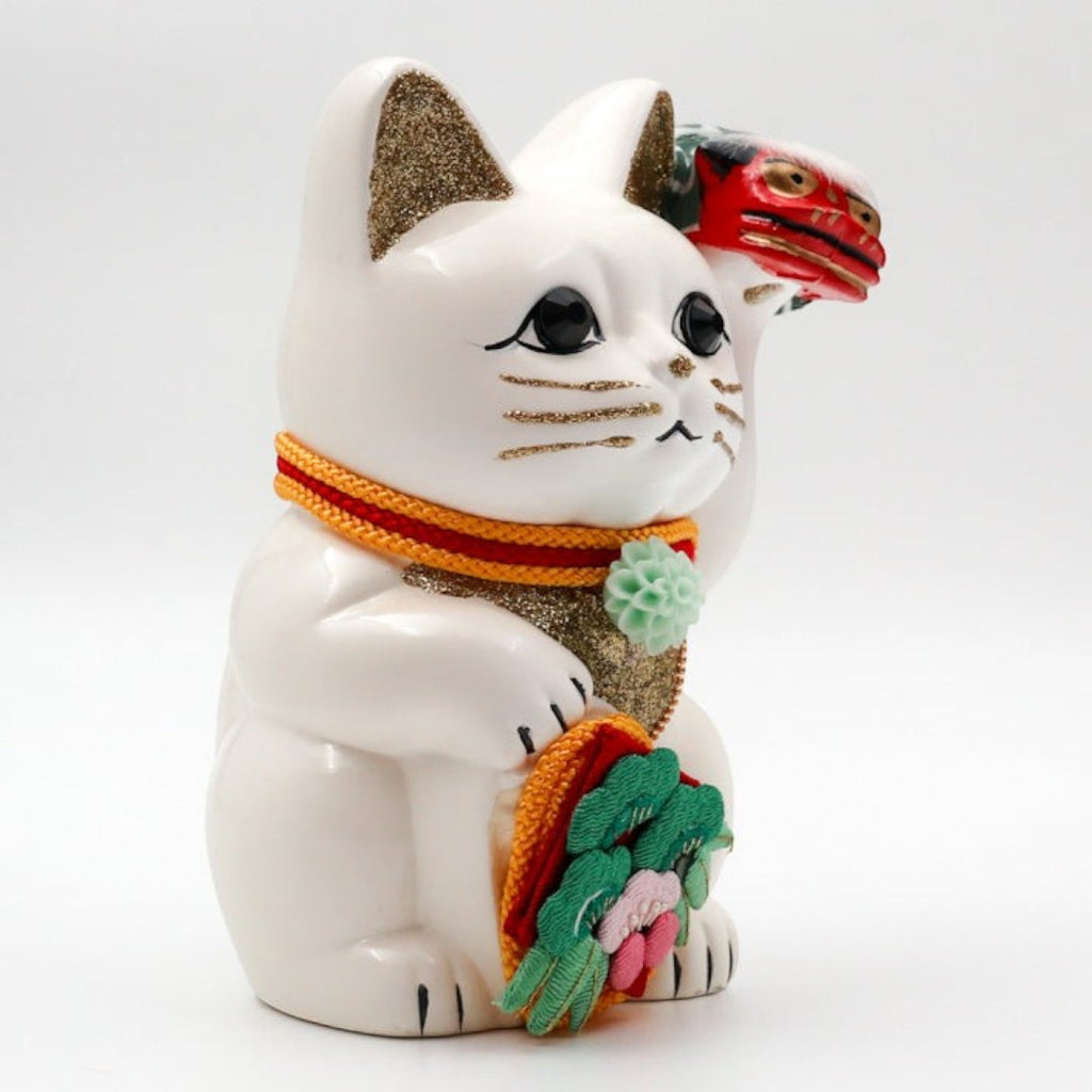Twinkle Glory Goenneko ceramic lucky cat figurine performing a traditional Japanese lion dance for good fortune.