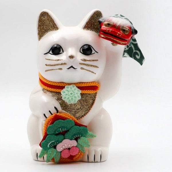 Twinkle Glory Goenneko ceramic lucky cat figurine performing a traditional Japanese lion dance for good fortune.