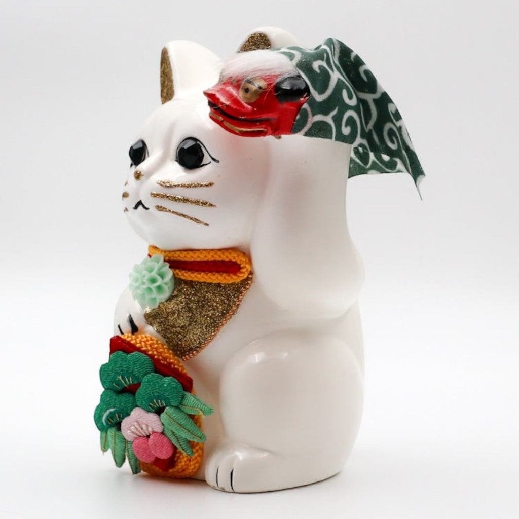 Twinkle Glory Goenneko ceramic lucky cat figurine wearing a traditional Japanese lion dance mask and festive decor.