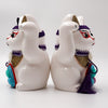 Twinkle Glory Goenneko ceramic Japanese Kabuki lucky cat figurines with traditional makeup and purple accents