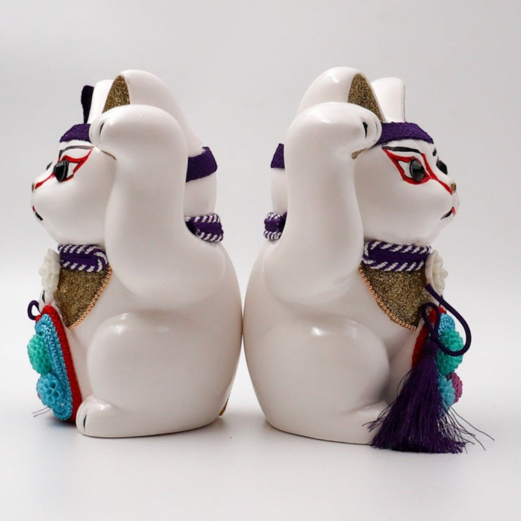 Twinkle Glory Goenneko ceramic Japanese Kabuki lucky cat figurines with traditional makeup and purple accents