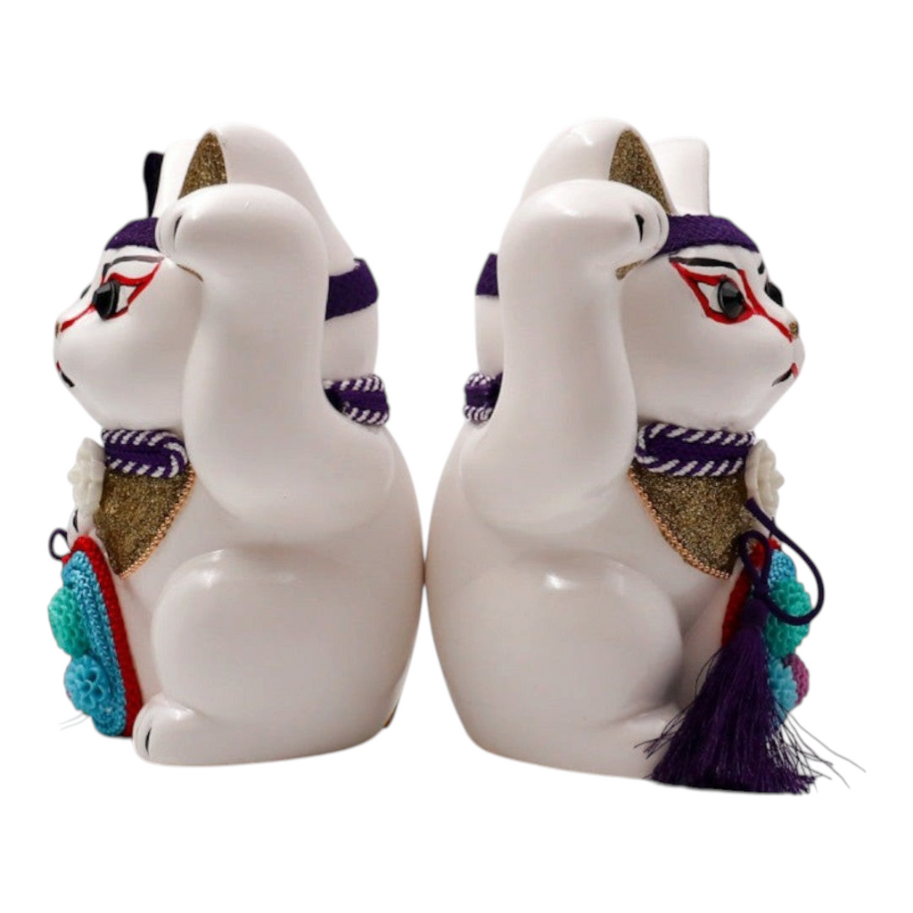 Twinkle Glory Goenneko ceramic Japanese Kabuki lucky cat figurines with traditional makeup and purple accents