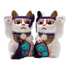 Twinkle Glory Goenneko ceramic lucky cat figurines featuring traditional Japanese Kabuki makeup and purple accents.