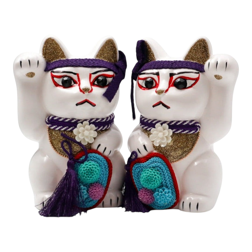 Twinkle Glory Goenneko ceramic lucky cat figurines featuring traditional Japanese Kabuki makeup and purple accents.