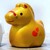 Twinkle Glory Yakushigama gold ceramic horse zodiac figurine with red accents and a small gourd motif